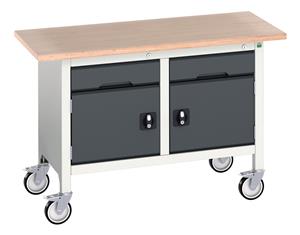 verso mobile storage bench (mpx) with 1 drawer-cbd / 1 drawer-cbd. WxDxH: 1250x600x830mm. RAL 7035/5010 or selected Verso Mobile Work Benches for assembly and production